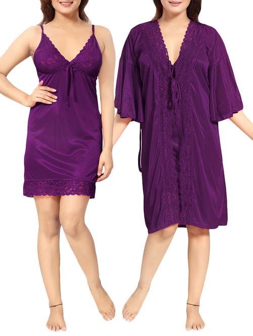 purple lace detail solid sleepwear robe set - 15256082 - Standard Image - 0