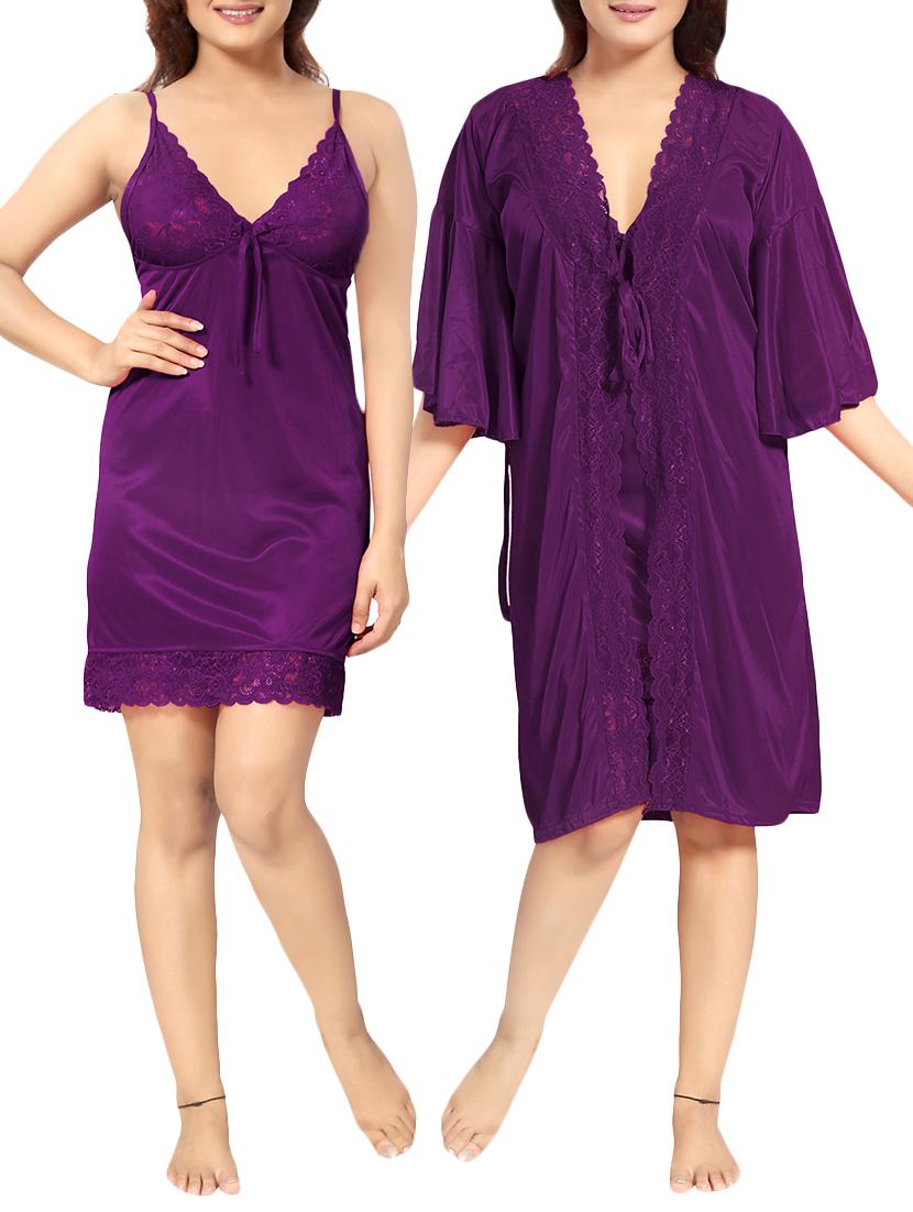 purple lace detail solid sleepwear robe set - 15256082 - Zoom Image - 0