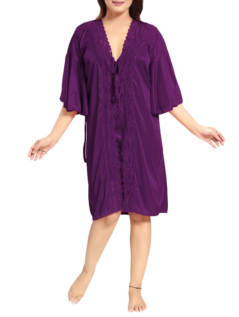 purple lace detail solid sleepwear robe set - 15256082 - Standard Image - 5