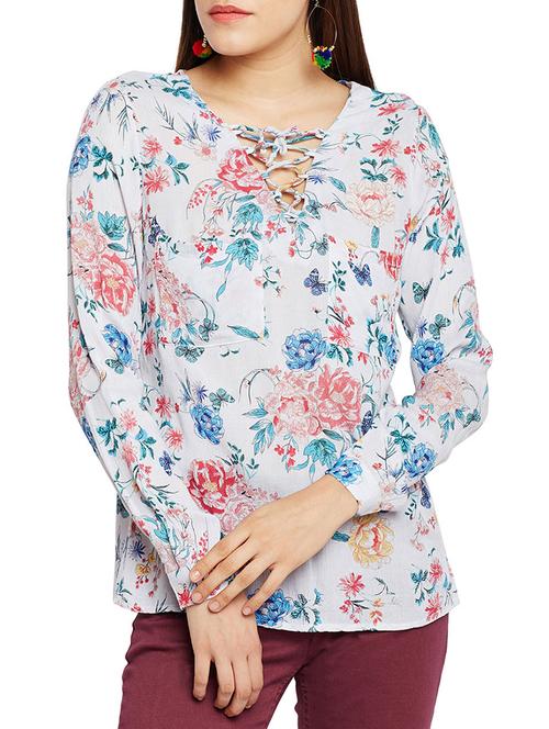 lace up neck floral top - 15260849 - Standard Image - 0