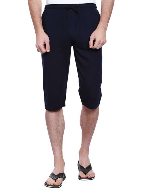 navy blue cotton three - fourth shorts