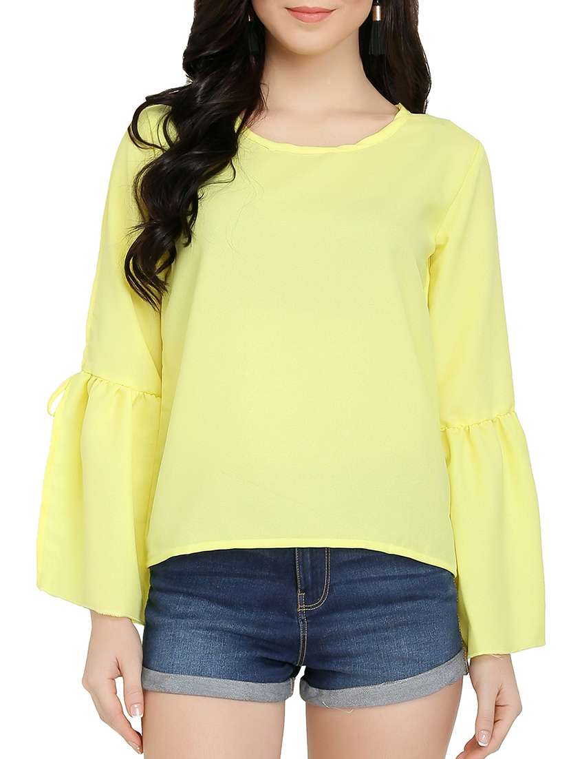 yellow solid slit sleeved top - 15263091 - Zoom Image - 0