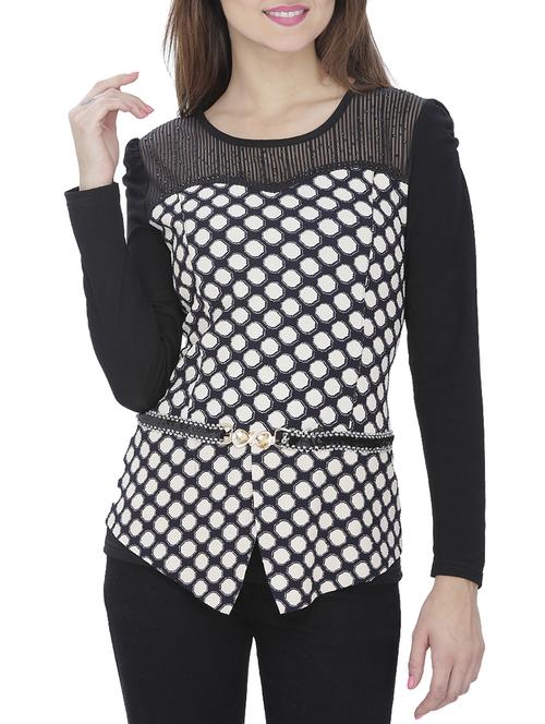 mesh embellished yoke printed top - 15263452 -  Standard Image - 0