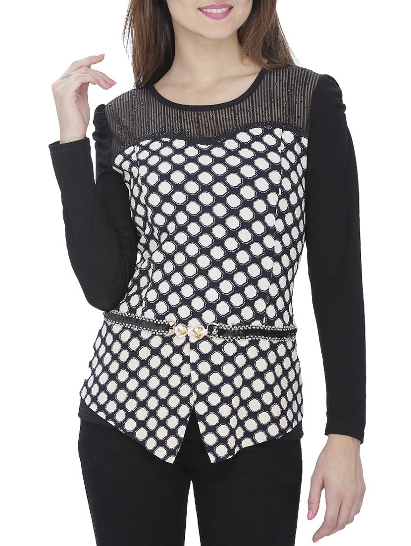 mesh embellished yoke printed top - 15263452 -  Zoom Image - 0