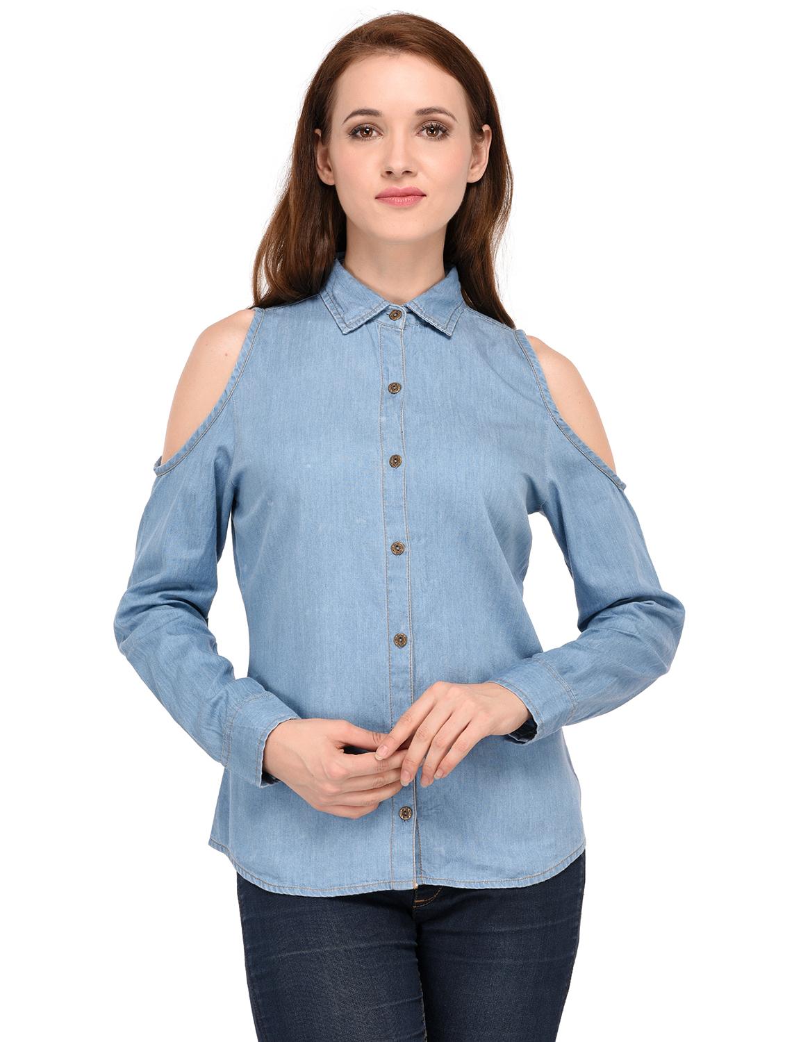 light blue solid denim cold shoulder shirt - 15280816 - Zoom Image - 0