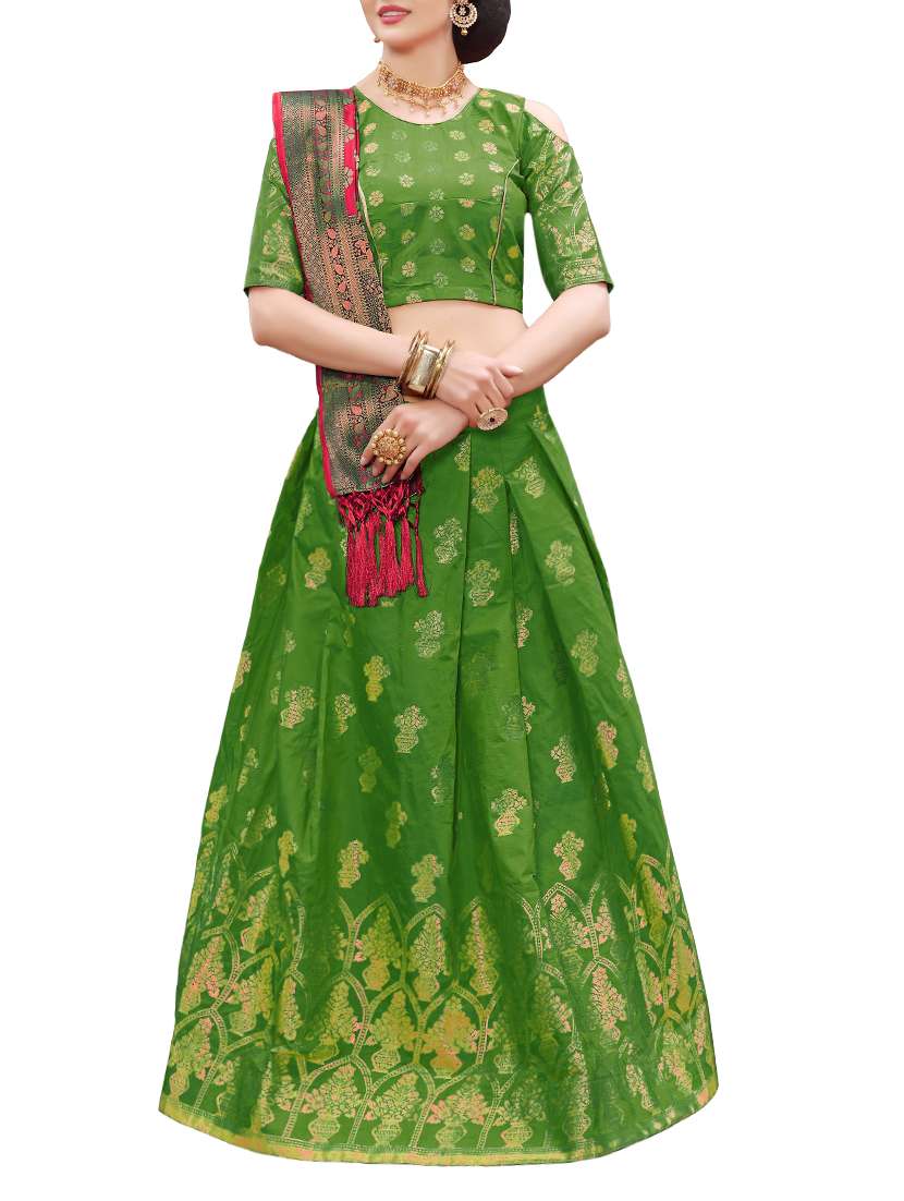 green jaquard flared lehenga