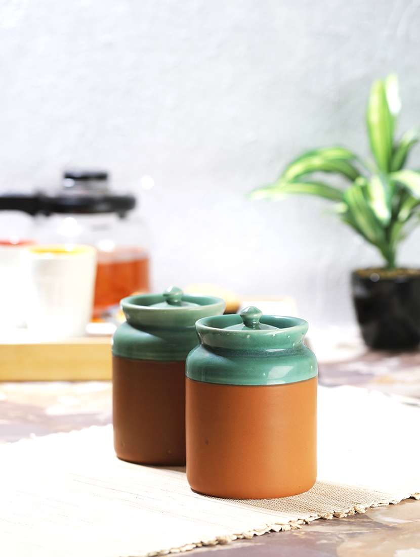 green brown ceramic pickle/ chutney jars/ martban set of 2