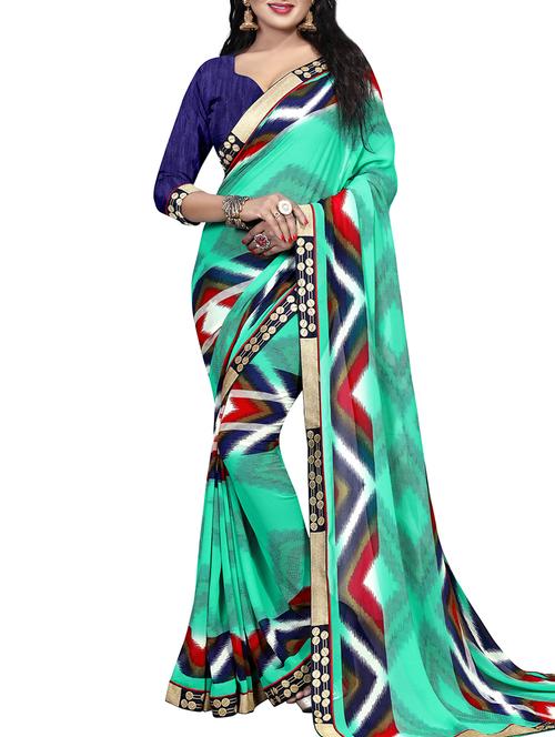 women's printed turquoise colored saree with blouse - 15300506 - Standard Image - 0