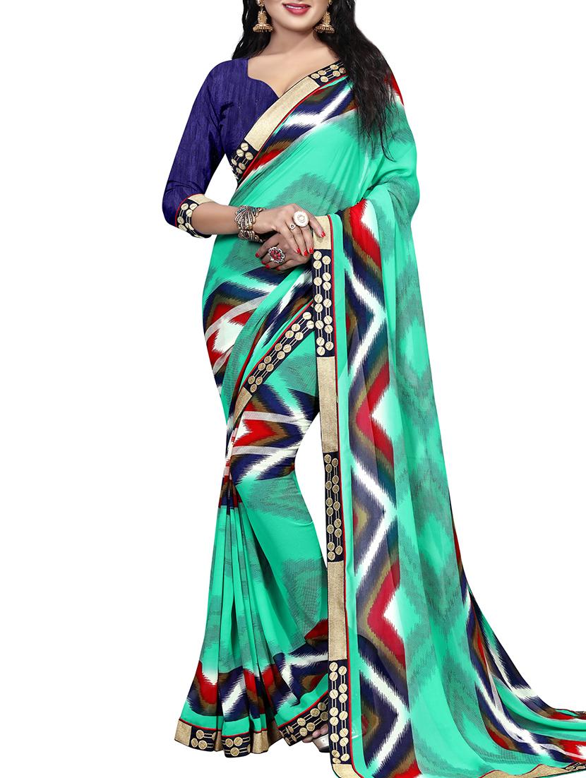 women's printed turquoise colored saree with blouse - 15300506 - Zoom Image - 0