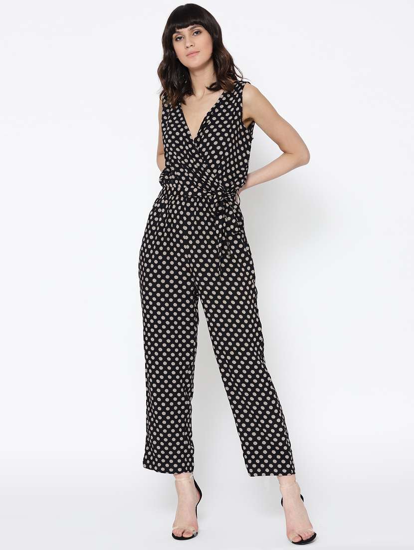 black printed rayon full leg jumpsuit