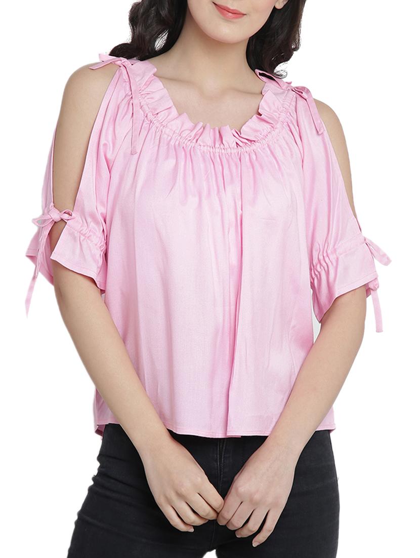 frill trim side tie up sleeve top - 15301071 - Zoom Image - 0