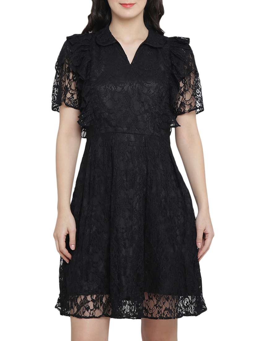 frill detail net fit & flare dress - 15301128 - Zoom Image - 0