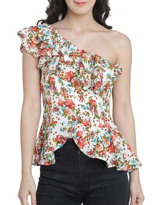 floral ruffled single shoulder top - 15301131 -  Standard Image - 0