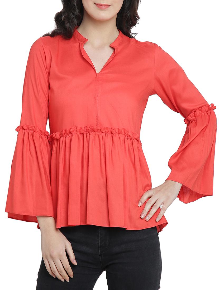 bell sleeved frill trim detail top - 15301134 -  Zoom Image - 0