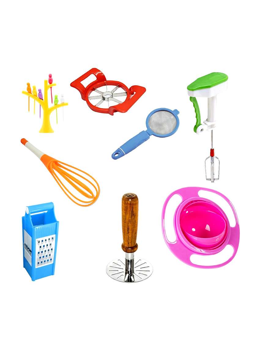 cutter + fruit fork + blander + egg beater + masher + lunch box + tea  strainer + 4u slicer.