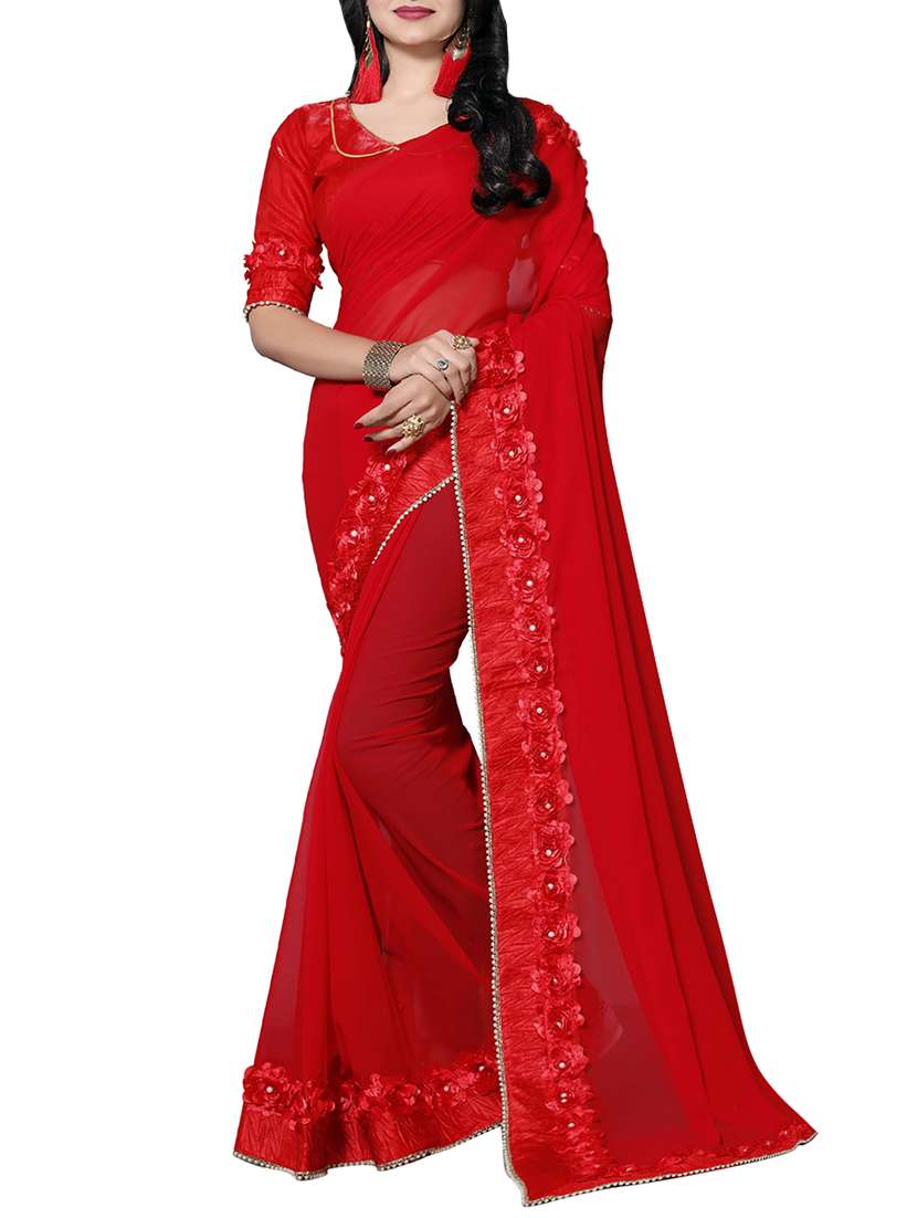 red georgette bordered saree with blouse