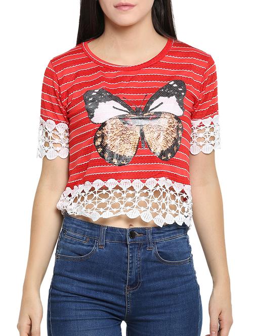crochet detail graphic print top - 15336014 - Standard Image - 0