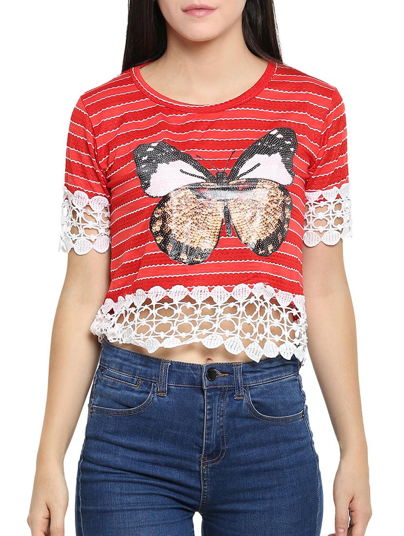 crochet detail graphic print top - 15336014 - Zoom Image - 0