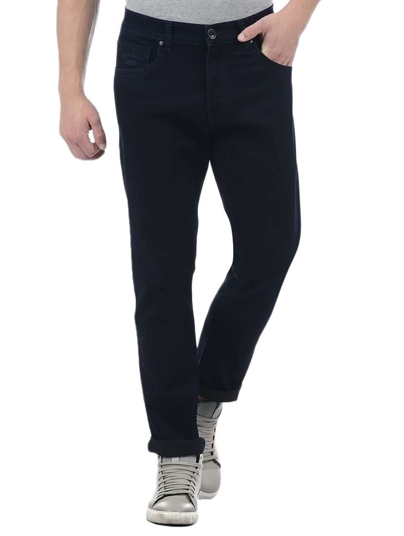 blue cotton blend plain jeans