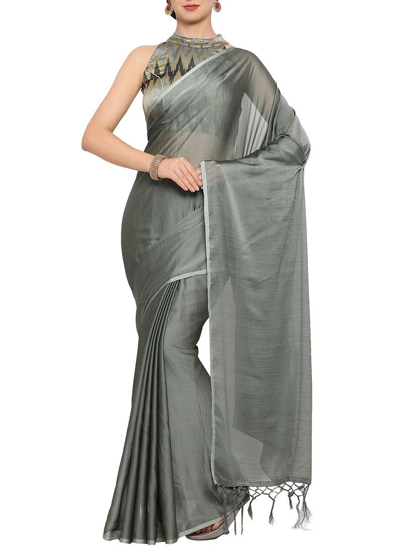 plain grey saree with tassels with blouse