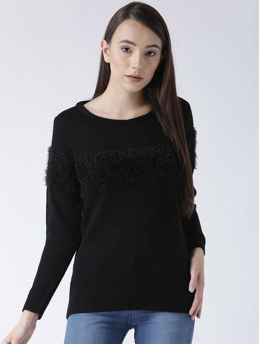 fur detail solid pullover