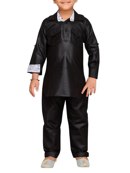 black cotton pathani kurta set - 15354073 -  Standard Image - 0