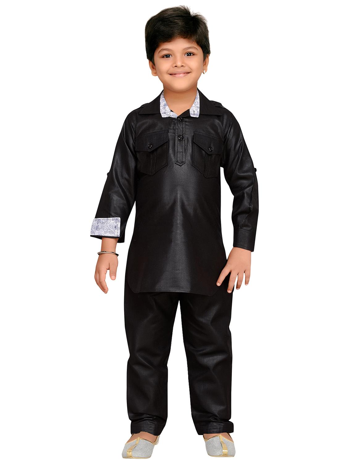 black cotton pathani kurta set - 15354073 - Standard Image - 3