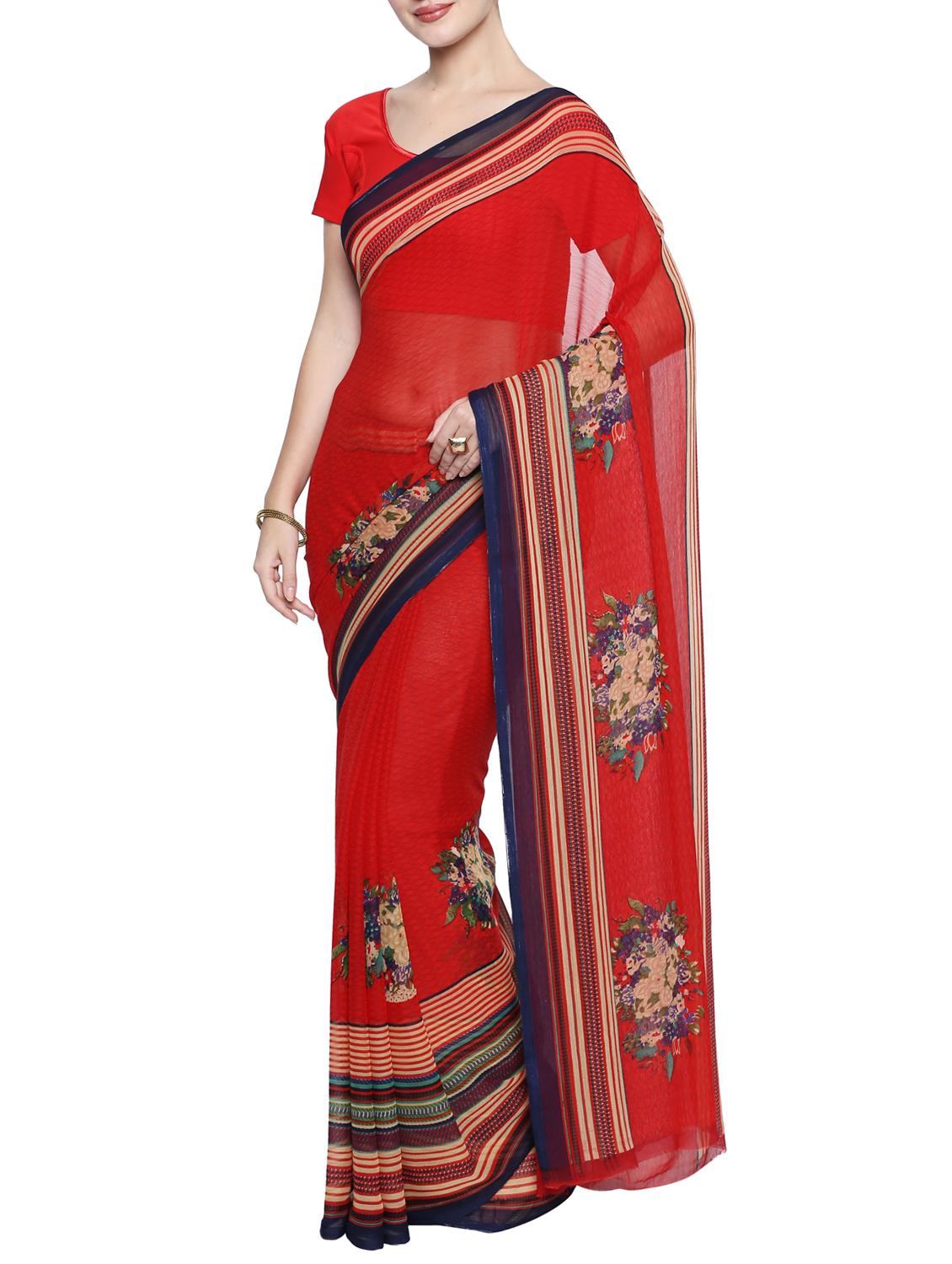contrast bordered printed saree with blouse - 15354191 -  Zoom Image - 0