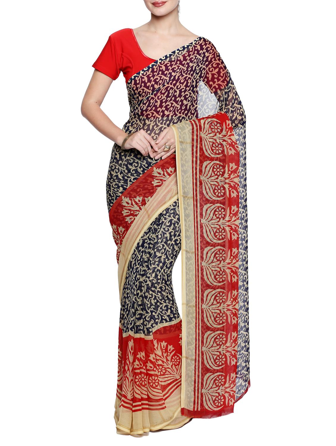 contrast bordered printed saree with blouse - 15354193 -  Zoom Image - 0