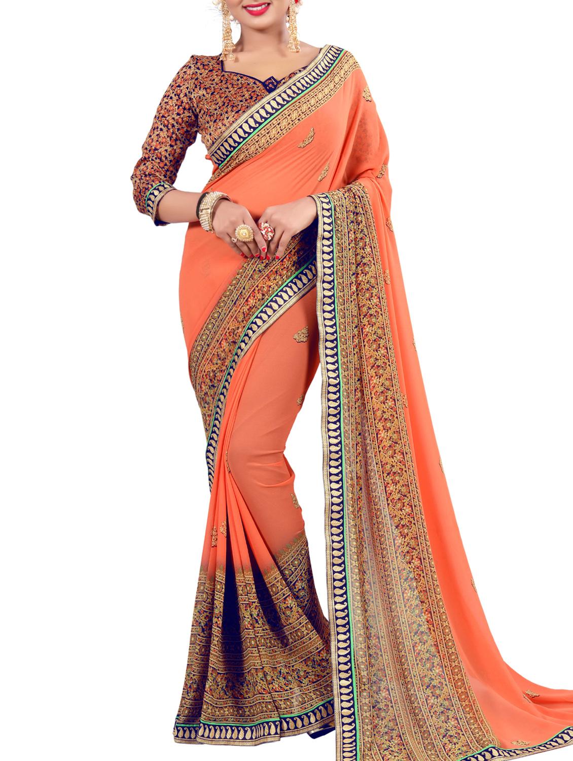 contrast bordered printed saree with blouse - 15354230 -  Zoom Image - 0