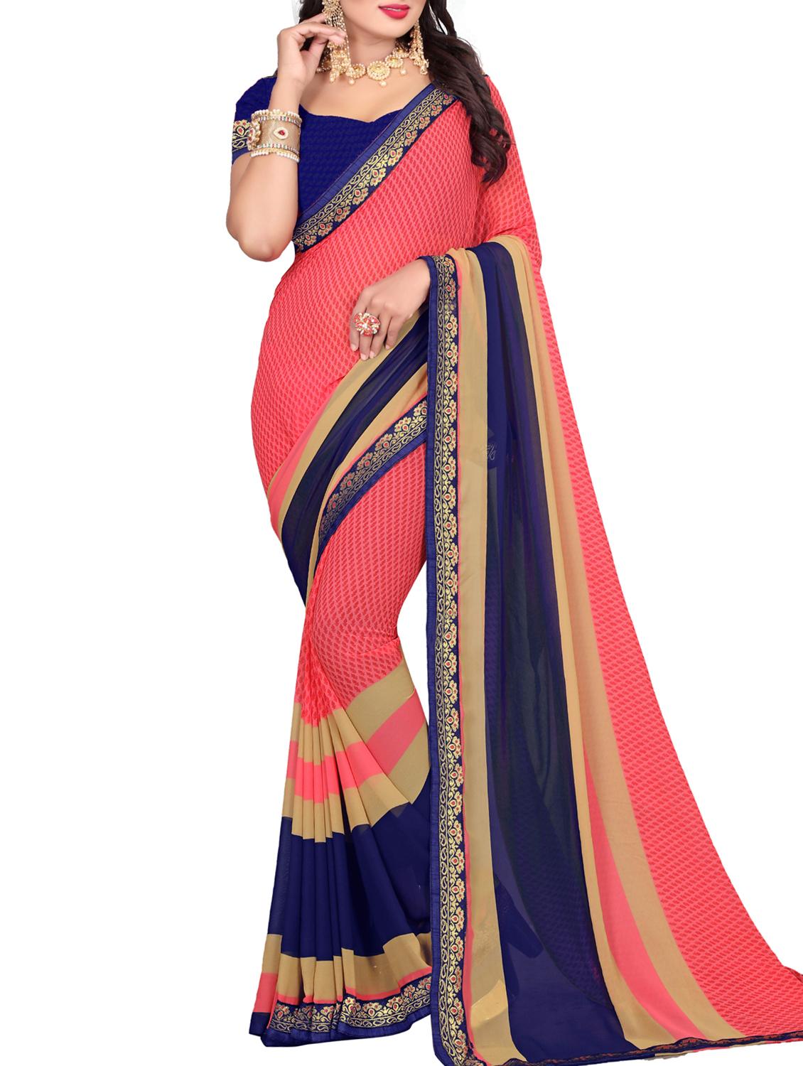 contrast bordered printed saree with blouse - 15354242 - Zoom Image - 0