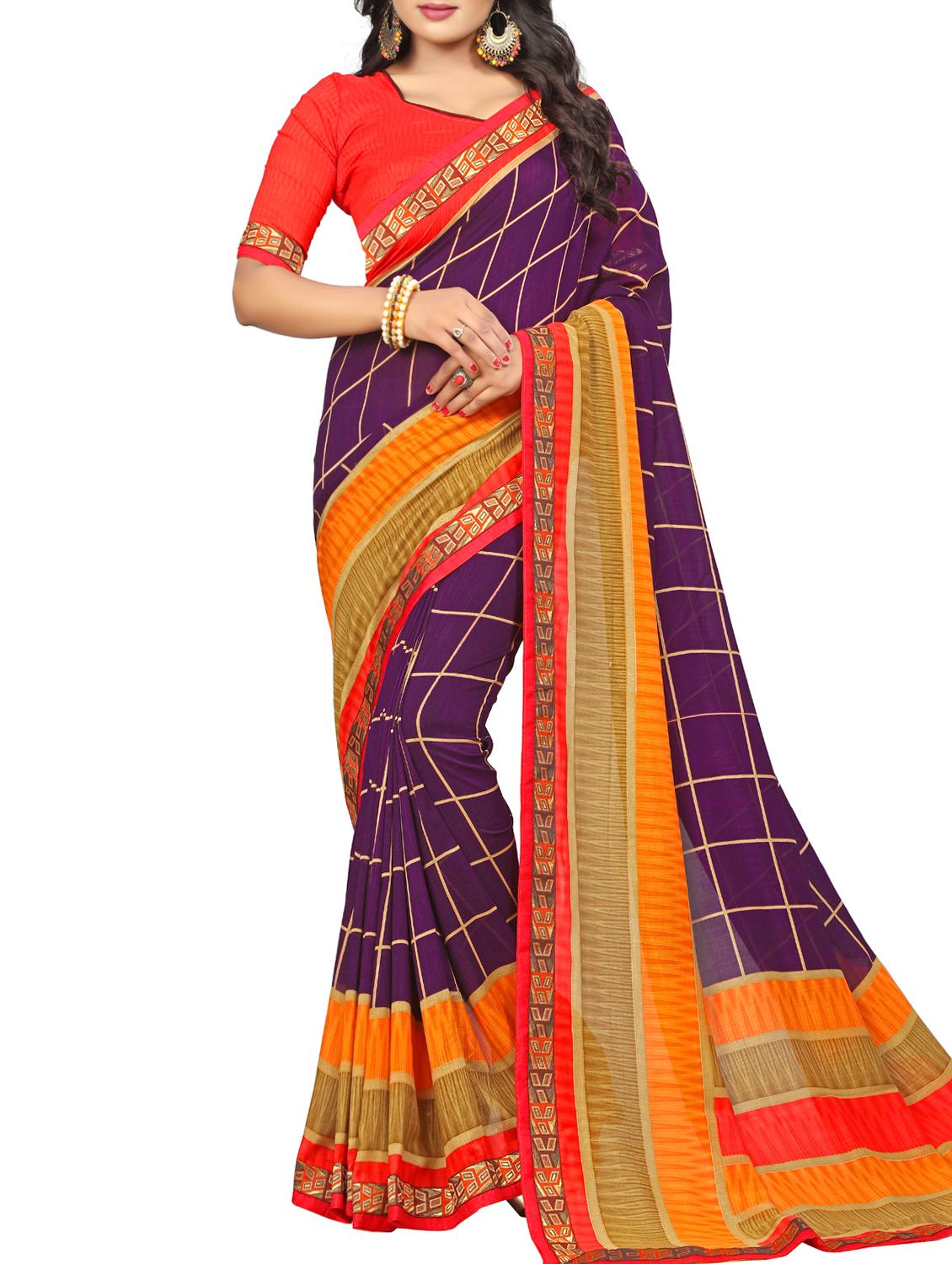 checkered  printed saree with blouse - 15354266 -  Zoom Image - 0