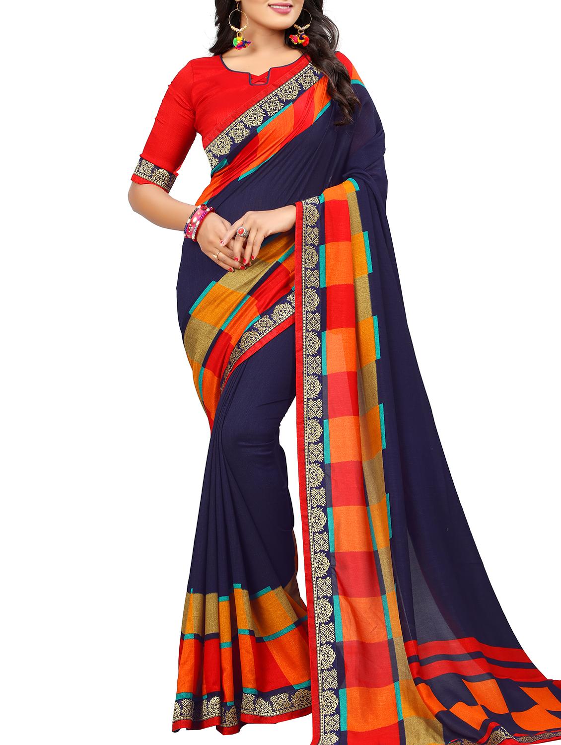 contrast bordered saree with blouse - 15354267 -  Zoom Image - 0