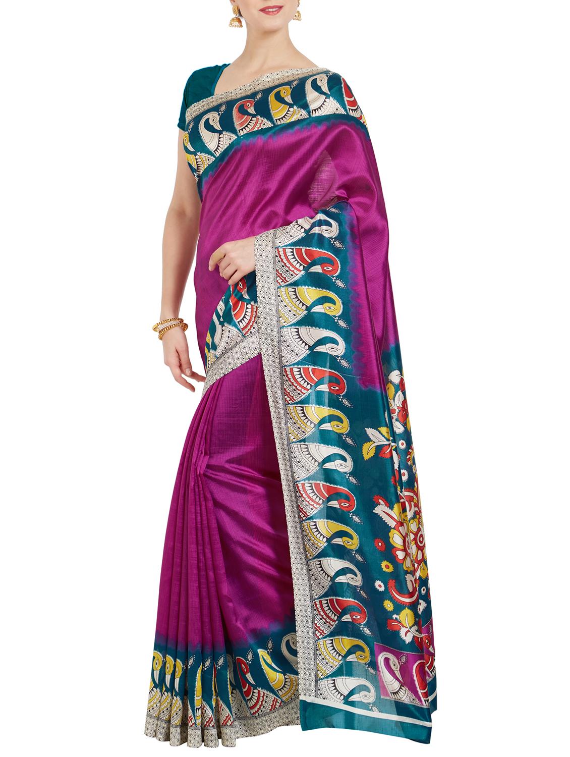 contrast bordered printed saree with blouse - 15354272 - Zoom Image - 0