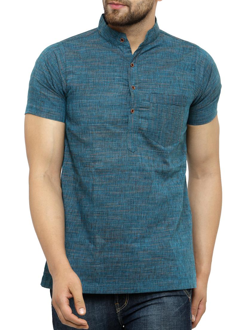 men teal cotton short sleeve short kurta - 15355408 - Zoom Image - 0