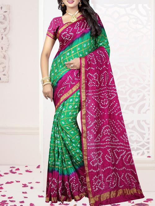 contrast border zari bandhani saree with blouse - 15378319 -  Standard Image - 0