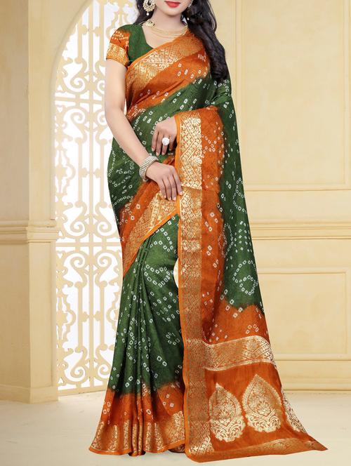 contrast border zari bandhani saree with blouse - 15378340 - Standard Image - 0