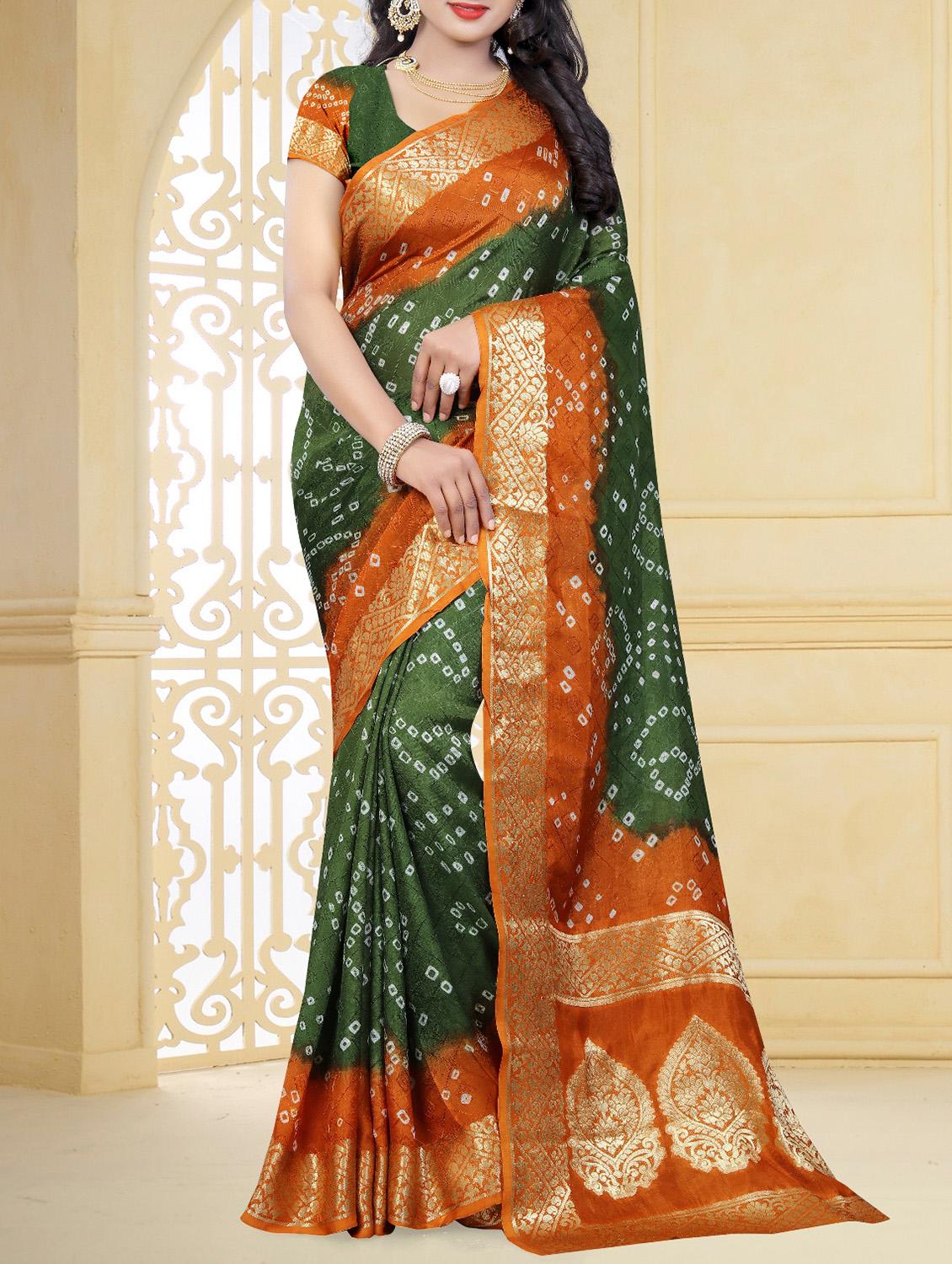 contrast border zari bandhani saree with blouse - 15378340 - Zoom Image - 0