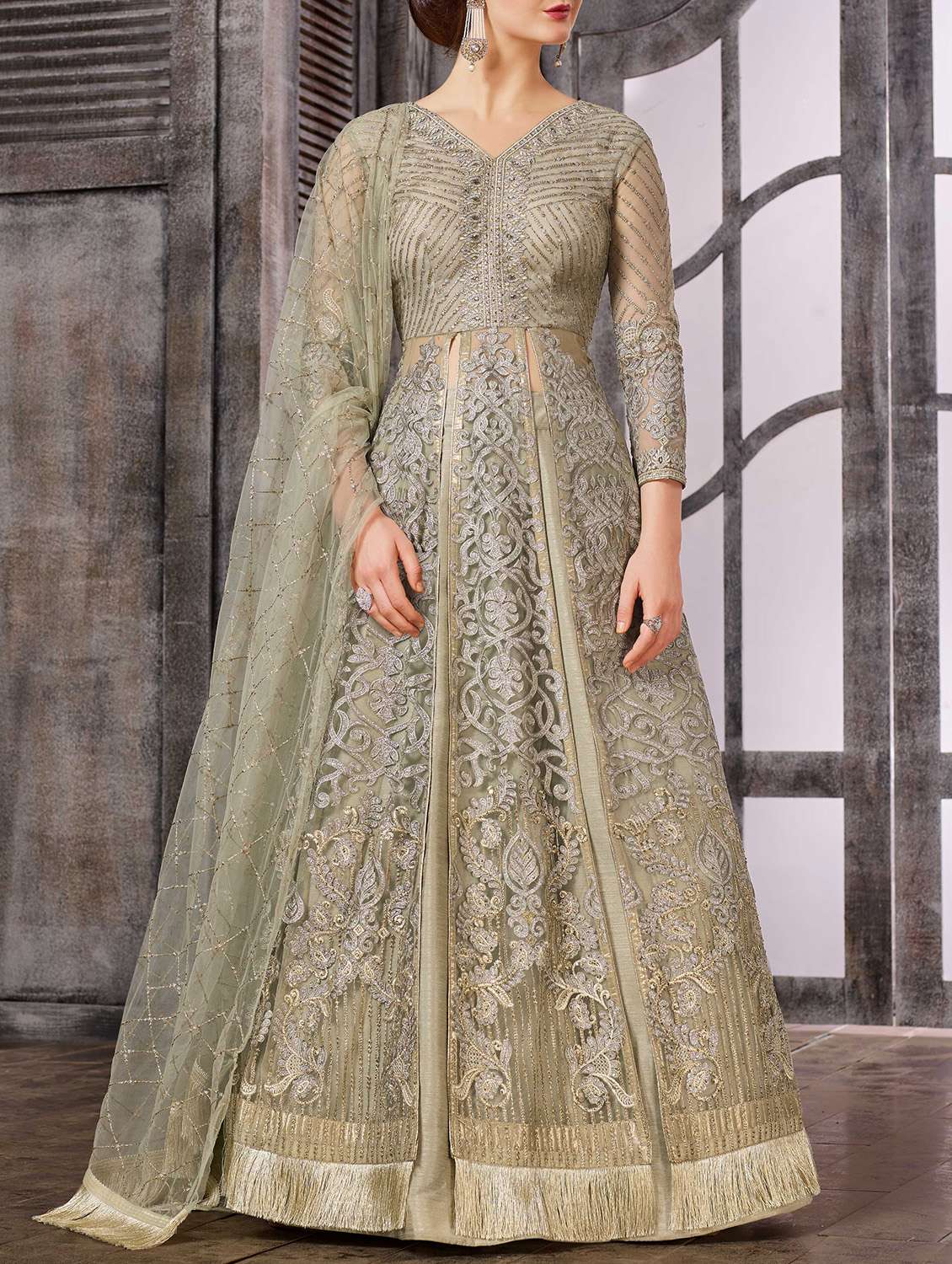 Buy online Hand Embroidered Semi-stitched Kurta-skirt Suit from