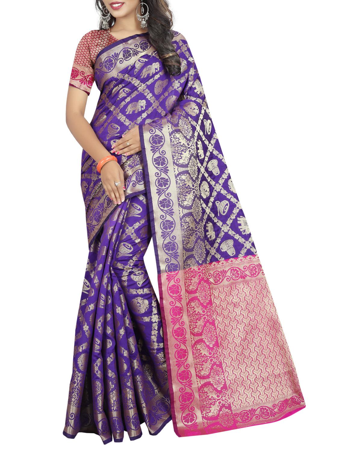 contrast pallu zari banarasi saree with blouse - 15384576 - Zoom Image - 0