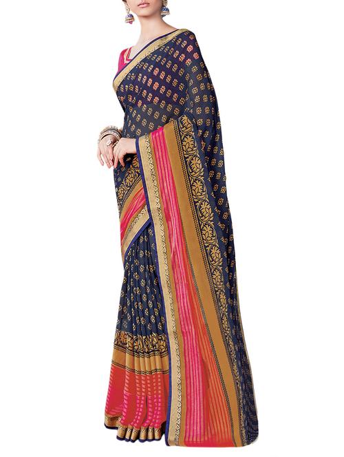 contrast bordered printed saree with blouse - 15401933 - Standard Image - 0