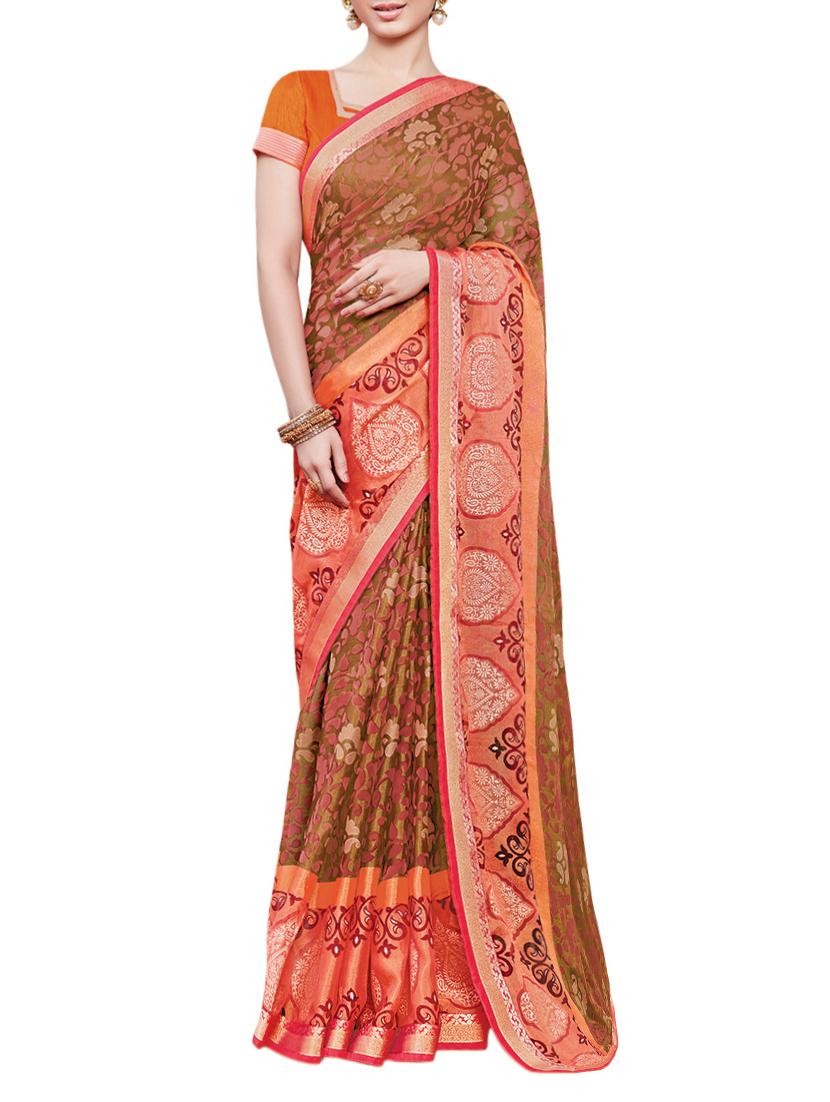 contrast bordered woven saree with blouse - 15401936 -  Zoom Image - 0