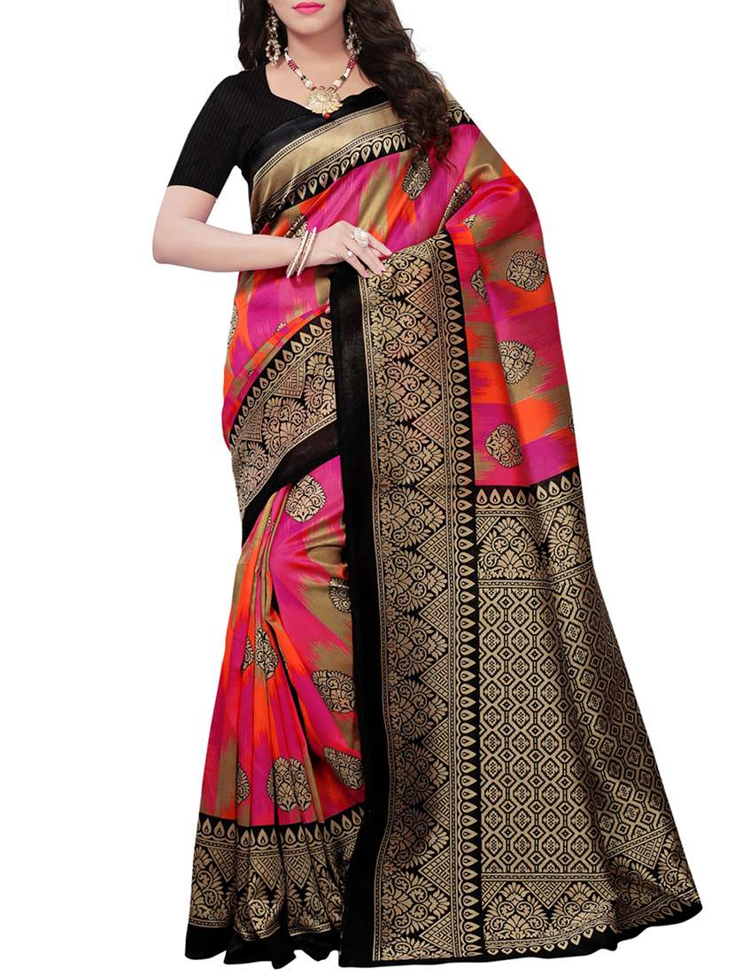 contrast bordered printed saree with blouse