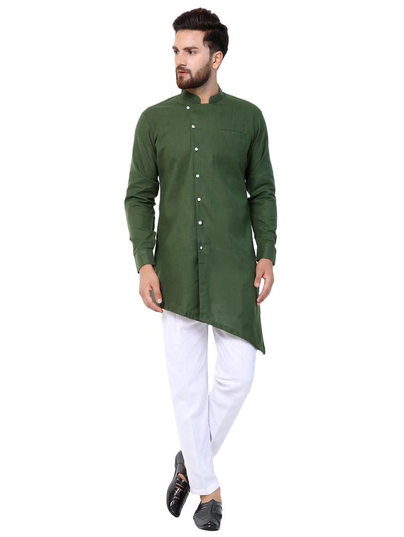 green polyester asymmetric kurta pyjama set - 15417876 - Zoom Image - 0