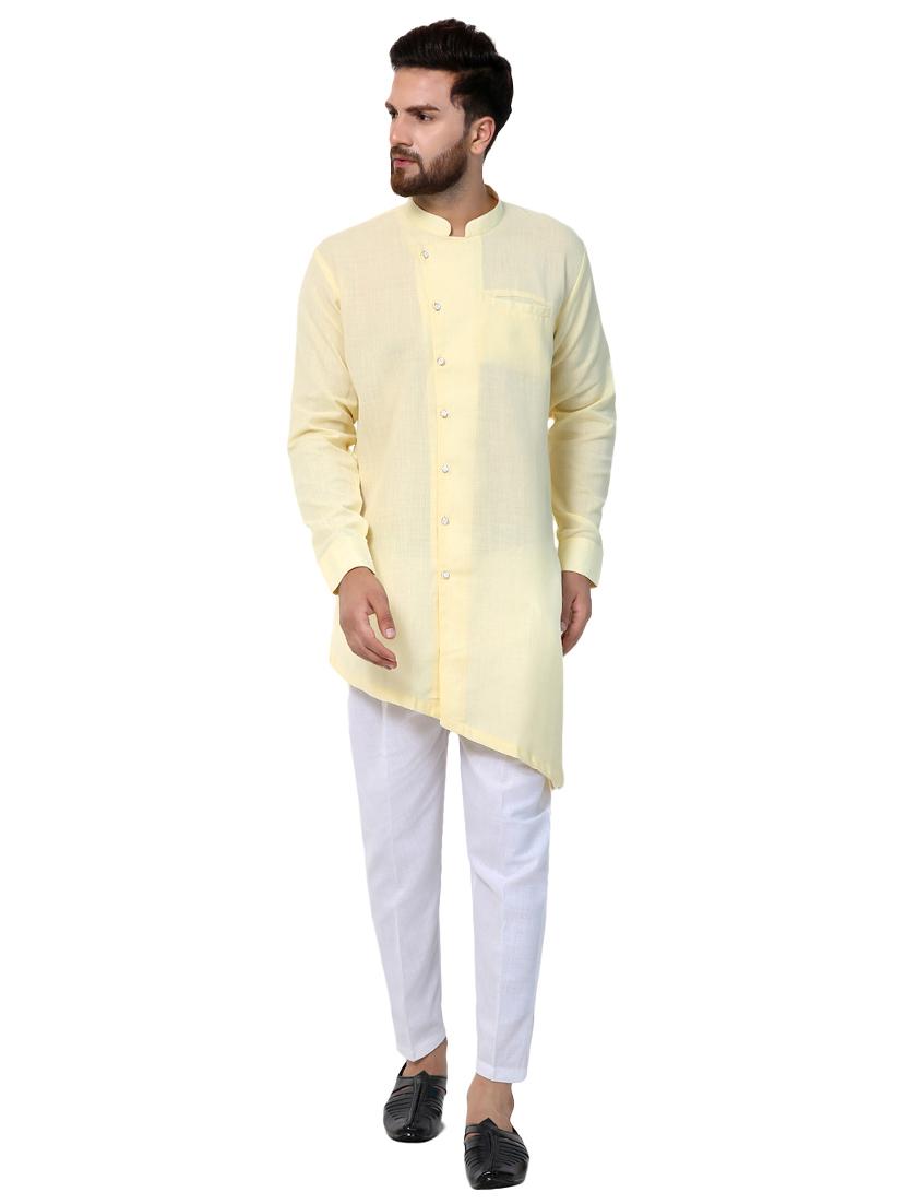 yellow polyester asymmetric kurta pyjama set - 15417877 - Zoom Image - 0