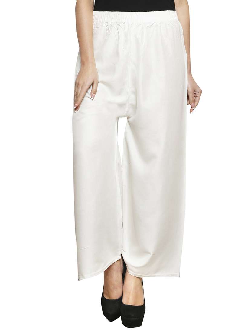 white flared mid-rise palazzo