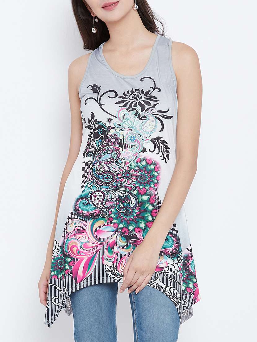 printed asymmetric sheer back tunic