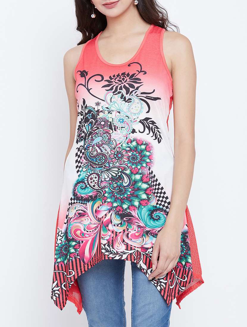 printed asymmetric sheer back tunic