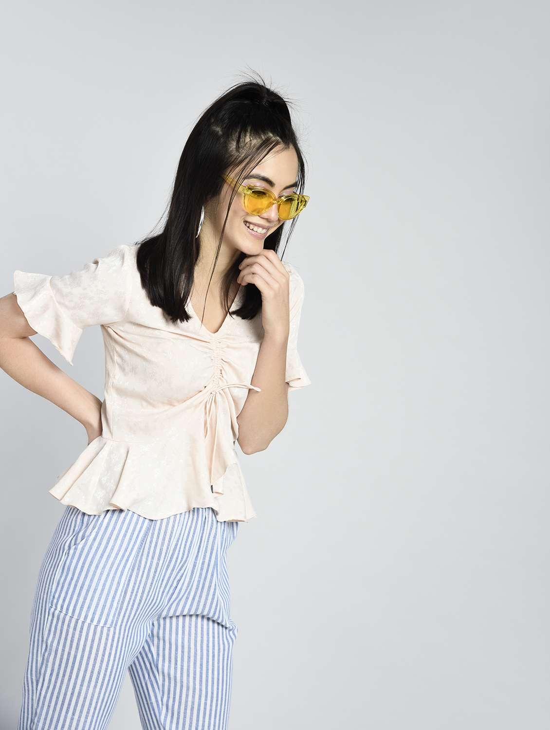 ruched front ruffle detail top