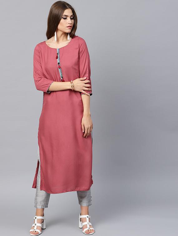 rosewood straight kurta with tassels - 15440516 -  Zoom Image - 0